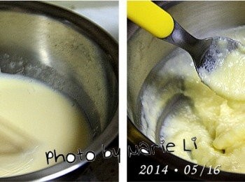 step4: 把鋼盆放上瓦斯爐，開小火熬煮醬料
一邊煮要一邊攪拌以免底部黏鍋而焦黑

※ 熬煮到醬料呈現濃稠乳狀即可熄火