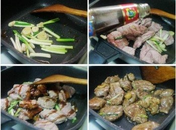 step3: 鍋內放入麻油1大匙ˊ依序炒香薑片ˊ蔥段和蒜頭ˊ 然後加入牛肉ˊ蠔油ˊ豆辦醬炒出香氣