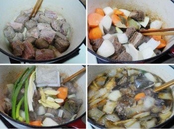 step4: 鐵鍋放少許油ˊ將汆燙好牛腩擺入拌炒至表面焦香ˊ 接著加入洋蔥/紅蘿蔔炒出甜味ˊ 然後將薑片/蒜頭/蔥/一同入鍋ˊ並加入<span class="group_3">調味</span>大火煮沸ˊ然後撈除浮泡