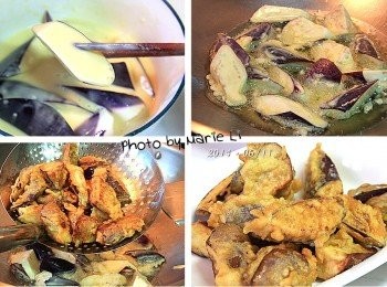 step3: 起鍋先燒乾水份，倒入適量沙拉油燒熱
將茄子沾上麵糊後擺進已加熱的油鍋中炸
炸至外皮金黃酥脆即可撈起來瀝乾油。