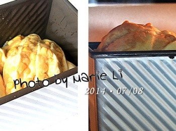 step8: 隔天早上五點多起床，昨夜十一點左右送進冰箱的麵糰
此時居然已經長到吐司模的七、八分高度了
趁著烤箱預熱的時間讓它回溫一下並為它刷上蛋液

《烘王A+ HW-9988，預熱 上170度、下180度》

先將烤箱設定好

上火：       170度
下火：       180度
吐司模放置：  下層
烘焙時間：  40分鐘

※ 每台烤箱的狀況皆不相同，請依自家烤箱的狀況做調整設定。