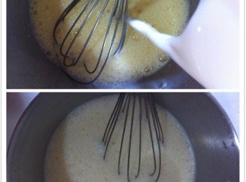 step2: 把雞蛋打入大碗中，充分的攪拌均勻。
然後加入無糖豆漿，攪拌均勻。