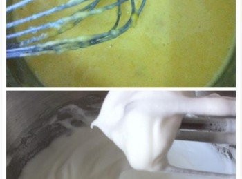 step2: 然後篩入自發粉，利用橡皮刀拌均勻。
  開始蛋白霜部分，取出一個乾淨的盆【要乾爽無水、無油漬】。 蛋白加入利用電動打蛋器打至打泡，白砂糖60g分3次加入，打至硬性發泡。