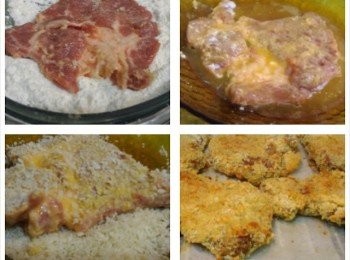 step4: 4. 豬排順序沾上麵粉、蛋液及麵包糠後放在烤架上，烤約20分鐘(視乎豬排厚度)。