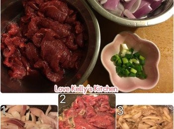 step1: 用<span class="group_2">醃料</span>醃牛肉15分鐘，紅洋蔥切條備用；