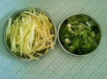 step3: 3)韭黃和青蔥用水清冼，韭黃切段，青蒽切粒，待用