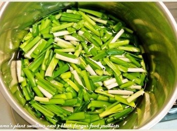 step2: 韭菜洗淨後，分切成段，放入滾水中，灑點鹽，川燙片刻。