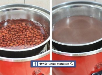 step2: 紅豆，沖洗一遍後，加水600C.C放入電鍋內，外鍋加一杯水蒸煮，開關跳起來後悶15分鐘(左圖)。開蓋後，外鍋再加一杯水，按下開關(右圖)。