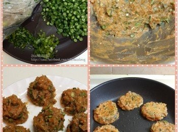 step1: 將材料洗淨切好,,除雞蛋外,,所有材料拌勻,,最後加入雞蛋拌勻後撻至起膠