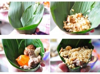 step4: 包粽子:先略挑選2片大小粽葉，外葉放較大片光滑面朝外，內葉則放小葉光滑面朝內，再由底端捲起一個三角漏斗型狀，並先放入一些炒好的糯米，接著放入蛋黃、香菇、牛排塊，最後在平鋪上糯米
