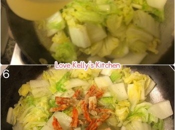 step2: 日本旺菜切件，熱油鑊放薑炒香加入清雞湯，然後再放虎蝦干蓋上蓋用中細火煮5分鐘便完成上碟