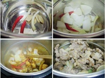 step3: 步驟3因為今天是用快鍋燉煮ˊ所以直接用加熱功能ˊ 內鍋加熱後加入少許油ˊ先炒香薑片ˊ蔥白和辣椒ˊ 接著加入洋蔥炒出香氣和甜味ˊ 然後加入豆辦醬和蕃茄糊炒香也炒油亮ˊ 接著再將牛肉略為拌炒入味。