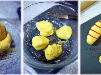 step4: 1.接著把麵團再度搓揉一下，太濕就加一點麵團到不黏手狀態 2.把麵團分成四等份 3.取其中一份，接著再分成五等份。第五份的麵團可以小一點