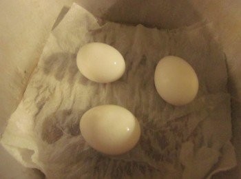 step2: 電鍋不需放鍋子,直接將沾濕的廚房用紙巾2張鋪在電鍋內,再放入蛋,按下電鍋開關,跳起來悶2-3分鐘就可將雞蛋拿出放入冷水中剝殼備用