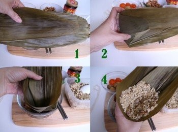 step8: 將兩片粽葉頭尾相反互疊，摺成漏斗狀，放入些許糯米及花生米。記得平滑面是內側，用來包粽才不沾黏。