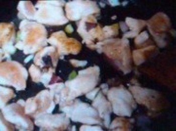 step3: 小火，少許油，將切好的洋蔥放入慢慢炒（小火）出甜味後，再將醃好的雞肉放入一起炒，炒至雞肉變色。