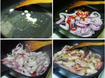 step2: 熱鍋後加入油2大匙ˊ依序爆香蒜頭ˊ洋蔥和辣椒ˊ 洋蔥炒軟炒出甜味後ˊ加入小卷拌炒均勻ˊ 然後加入龜甲萬甘醇醬油2大匙ˊ 米酒1.5大匙ˊ黃砂糖1小匙ˊ拌炒入味