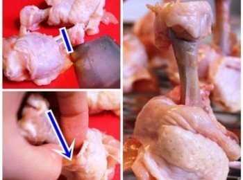 step1: 將棒棒腿末端用刀鋒處繞圈畫刀, 使其皮肉與骨頭分離