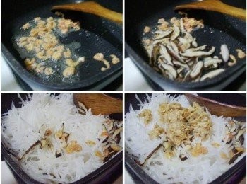 step2: 熱鍋後放入2大匙油ˊ先爆香蝦米ˊ然後炒香香菇ˊ 接著加入白蘿蔔絲和3大匙油蔥酥拌炒均勻