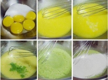 step3: 將蛋黃+ 細砂糖用打蛋器攪拌均勻至糖完全溶解ˊ 接著依序加入橄欖油ˊ煉奶水ˊ調勻的抹茶ˊ充分攪拌均勻 ˊ 再將過篩好的低筋麵粉ˊ加入拌勻