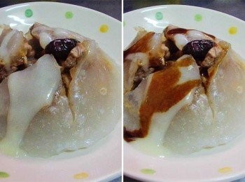 step10: 涼透步驟8延著碗周圍用湯匙柄繞一圈取下肉丸ˊ用剪刀剪十字ˊ 加點蒜泥ˊ和完成的醬汁ˊ再灑上少許香菜