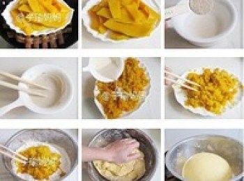 step1: 將酵母用溫水完全融化,倒入煮熟冷怯的南瓜泥,將酵母南瓜泥倒入面。粉中,用手將麵團和到三光(面光,手光,盆光)