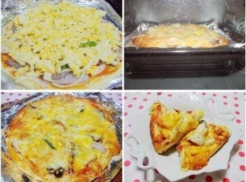 step7: 13.最後再擺上滿滿雙色起士 14烤箱用180度c預熱ˊ預熱完成ˊ將披薩送進烤箱ˊ 烘烤23~25分鐘即可 15.香濃好滋味的三鮮披薩就完成囉~ 16切成適當大小就可以開始享用了。