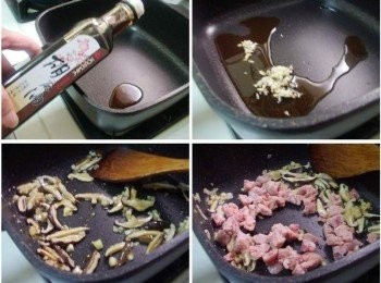 step2: 準備一鍋子ˊ加入胡麻油2大匙ˊ中小火炒香薑末ˊ 然後再依序炒香蔥白ˊ香菇絲和臘腸
