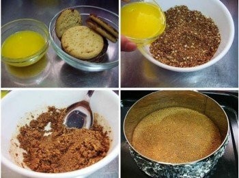 step1: 先準備<span class="group_1">餅層材料</span>無鹽奶油先以微波加熱溶化ˊ消化餅用調理器打碎ˊ 然後將兩者拌勻ˊ填於模型ˊ確實壓緊實ˊ送入冰箱冷藏定型約30分鐘 (沒有調理器ˊ直接放乾淨塑膠袋ˊ用桿麵棍壓碎也可以的) (模型請選擇可分離模或中空慕斯模ˊ如使用中空慕斯模請於底下鋪上錫箔紙)