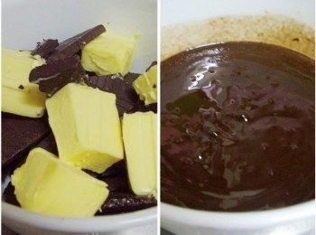 step2: 巧克力180g和無鹽奶油80gˊ先以低微波加熱溶化ˊ (也可用隔水加熱溶化)備用