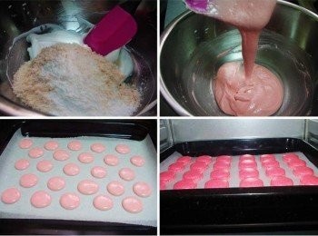 step4: 接著將步驟2已經事先過篩好的粉類倒入蛋白霜中ˊ 先以切拌方式混合ˊ再均勻翻拌至麵糊光滑細緻ˊ 提起呈倒三角緩慢滑落ˊ(如右上照片) 烤盤事先鋪上烘焙紙ˊ用擠花袋或三明治袋子裝好完成麵糊ˊ 剪約1cm小洞ˊ手平行擠下麵糊ˊ完成輕敲幾下ˊ 麵糊狀態如果OKˊ不用怕它變型的ˊ然後擺放於通風良好地方ˊ 讓它自動風乾ˊ約30分鐘ˊ(也可用手指輕碰馬卡龍ˊ不沾黏即可) 然後放進事先預熱好烤箱(下層)ˊ以上下火140度c烘烤至出現蕾絲邊ˊ 再將溫度調降至120度c續烤15分鐘ˊ完成利用烤箱餘溫再略悶5分鐘即可