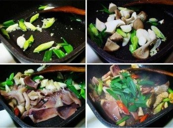 step4: 鍋內放入油1大匙ˊ將蒜末ˊ薑末ˊ1/2量蒜苗先爆香ˊ 接著加入杏鮑菇炒香ˊ然後再添入處理好的魷魚ˊ 並加入米酒1大匙ˊ蠔油1大匙ˊ糖1茶匙<span class="group_2">調味</span>ˊ拌炒1~2分鐘ˊ 最後完成前再加入剩下1/2量蒜苗和辣椒ˊ 快速拌勻並灑上少許香油即可熄火