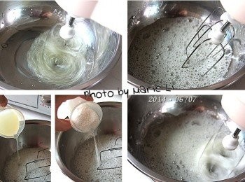 step2: 製作《蛋白霜》：

使用電動打蛋器將蛋白出細微泡沫
加入少許檸檬汁和一半的糖，繼續攪打出更多泡沫