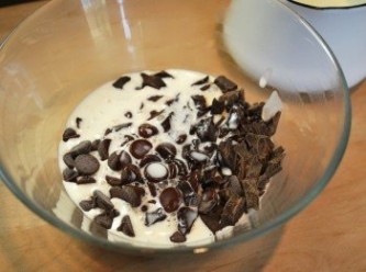 step11: 將熱鮮奶油分2~3次沖進巧克力中，攪拌至融化