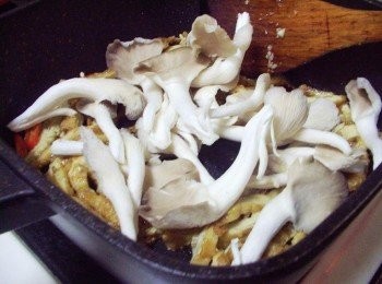 step3: 接著加入秀珍菇和豆皮拌炒均勻