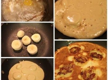 step2: 平底鍋抹少許奶油, 將香蕉片放鍋中稍微煎一下. 再倒<span class="group_2">麵糊</span>, <span class="group_2">麵糊</span>須覆蓋住香蕉片. 中火慢慢煎