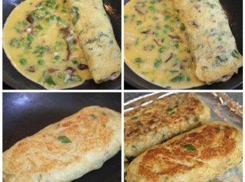 step3: 再倒入另外1/3的蛋液, 待半熟後, 以第一捲為基礎, 繼續捲, 完成第二捲