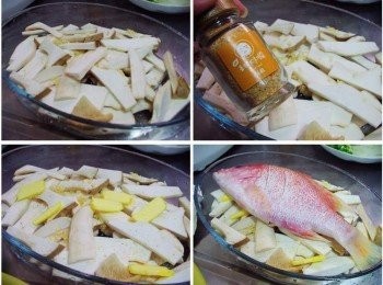 step2: 準備一適合烤盤ˊ均勻鋪上杏鮑菇和蒜末ˊ然後再酌量灑上蒜粒ˊ 並放入奶油ˊ紅鯛魚雙面劃刀灑上酌量海鹽擺於杏鮑菇上