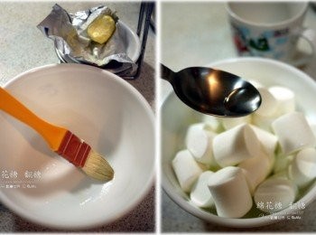 step1: 1.取一可微波的碗，裡面塗上薄薄一層奶油防黏 2.綿花糖放入後，溫水平均撒在綿花糖上