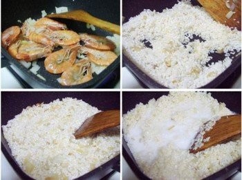 step4: 炒至外殼變色ˊ約8分熟程度ˊ然後先將大白蝦盛盤備用ˊ 接著加入洗淨的白米拌炒ˊ並添入適量的水慢慢燉炒ˊ (過程中如果覺得太乾就添加適量的水)ˊ然後加入椰奶