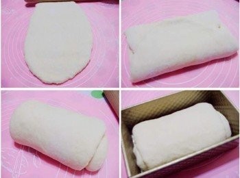 step3: 6.將鬆弛好的麵團桿平成長橢圓狀 7.然後3折桿平重複2次 8.接著順勢慢慢捲起成圓筒狀 9.接合處捏緊後朝下ˊ直接擺放烤模中ˊ麵團表面噴點水ˊ放溫暖處進行最後發酵
