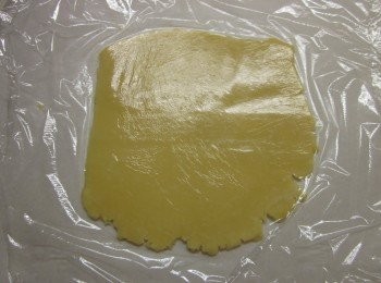 step4: 形成麵團後放入塑膠袋冷藏1小時,烤箱預熱170度,將麵團拿出冰箱,桿成0.5公分厚