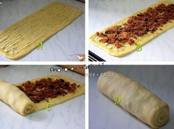 step4: (A) 先抹上一層薄薄的《香蒜抹醬》 再擠上一些《沙拉》於麵糰上。 《香蒜抹醬》能提升口感的層次，但避免過重而影響味道 《沙拉》除了可以增加甜度，避免死鹹感 還能讓肉鬆更容易附著，不致鬆散。 (B) 均勻的灑上《海苔肉鬆》還有一些《芝麻》 《海苔肉鬆》建議量最好不要太多 容易造成餡料過於厚重以外，口味也會太鹹。 《芝麻》則可以為整體口感添加香氣。 (C) ~ (D) 把擺好餡料的麵糰整個捲成蛋捲狀 尾端輕輕與麵皮捏合形狀跑掉內餡鬆散 最後用雙手輕輕按壓並來回滾動蛋捲狀麵糰 讓內餡能更密合地貼附在麵糰上 ※