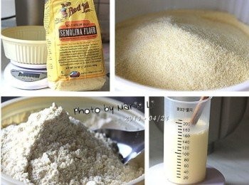 step1: 準備<span class="group_1">食材</span> (麵糰部份)： A(1) 高筋麵粉： 150g A(2) 杜蘭麵粉： 150g B(3) 鹽： 小1 (約5g) B(4) 鮮奶： 110ml B(5) 雞蛋(打散)： 50g 沙拉油：一小匙 手粉：適量 抹茶粉、紅麴粉：少許