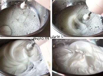 step3: 待泡沫明顯增多之後再將另一半的細砂糖全都倒入
繼續以高速攪打至蛋白挺立為止