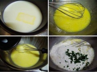 step4: 無鹽奶油ˊ鮮奶加熱溶化備用ˊ容器內擺入雞蛋略為打發ˊ 接著將溶化的鮮奶油沖入蛋液中再拌勻ˊ 然後加入自製鬆餅粉200g和步驟2再次拌勻