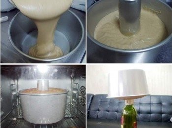 step6: 最後將攪拌好的麵糊倒入戚風模中ˊ 然後輕敲一下ˊ 送入以事先預熱的烤箱ˊ170度c烤40~42分鐘即可 烤好的戚風出爐後一樣輕敲出熱氣 ˊ並馬上倒扣放涼... 待完全涼透就能脫模ˊ歐巴桑習慣徒手脫模ˊ用手延著蛋糕面輕壓一圈ˊ 中心略往下壓ˊ脫去圓模ˊ底盤部分則手貼蛋糕外圍ˊ延著蛋糕往底盤中心輕推ˊ 就能順利脫模囉~(也可依習慣用工具幫忙脫模)