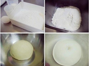 step1: 先準備好所需<span class="group_1">麵團材料</span>ˊ(我用麵包機揉麵團功能) 除了無鹽奶油以外ˊ其餘材料都放入攪拌盆裡ˊ 約10分鐘後再加入無鹽奶油續揉10分鐘ˊ 然後直接於麵包機內完成第1次發酵ˊ 發酵完成的麵團 (手指沾少許高粉插進麵團ˊ不回彈表示發酵完成) PS:如果沒有攪拌工具或麵包機ˊ 用手揉或運用之前分享的免揉方式都可以。