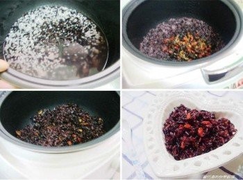 step3: 將步驟1處理好的紫米ˊ白米ˊ確實瀝乾ˊ 加入<span class="group_1">材料</span>中標示的水量及酒量ˊ 用電子鍋依平日煮飯方式完成。 紫米飯完成後將步驟2和橄欖油1大匙ˊ蜂蜜或砂糖隨意加入ˊ 並且攪拌均勻ˊ運用電子鍋再次加熱功能再悶煮5~10分鐘即可。