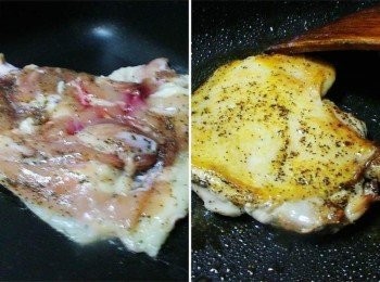 step5: 取出醃漬入味的雞腿排ˊ鍋內不用放油ˊ 雞皮面朝下ˊ用中小火一面約煎5~6分鐘ˊ至雞腿排熟透ˊ雙面金黃焦香ˊ 完成後盛起ˊ靜置3~5分鐘再切塊即可